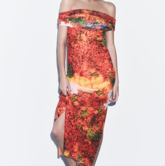 Zara Off the Shoulder Printed Midi Dress - Picture 6 of 9